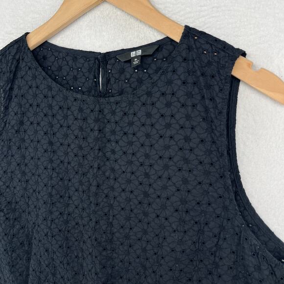 UNIQLO Tank Top Womens XL Floral Eyelet Embroidered Sleeveless Shell Black - Picture 2 of 13